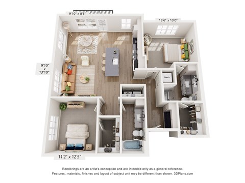 A 3D floor plan of a small apartment with a kitchen, living room, and bathroom.